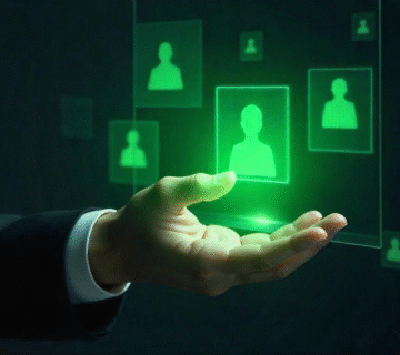 A futuristic interface showing digital candidate profiles with the Winners brand's green flow gradient, symbolizing modern talent acquisition.