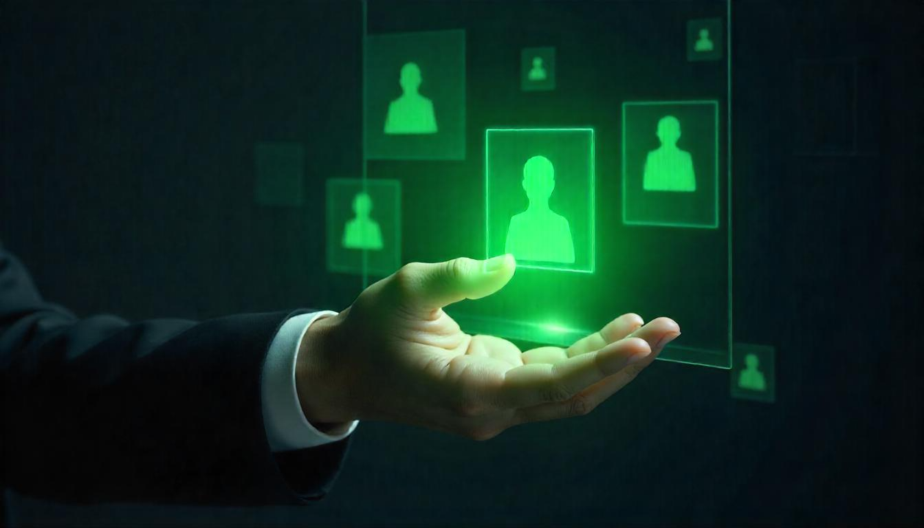 A futuristic interface showing digital candidate profiles with the Winners brand's green flow gradient, symbolizing modern talent acquisition.