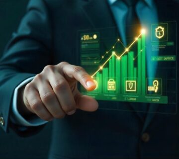 A hand interacting with a futuristic digital interface that shows secure payroll management data, including graphs and icons, in Winners' green color.