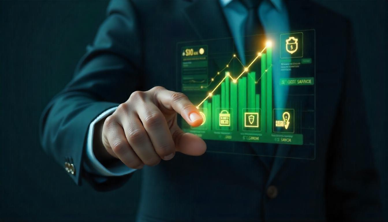 A hand interacting with a futuristic digital interface that shows secure payroll management data, including graphs and icons, in Winners' green color.