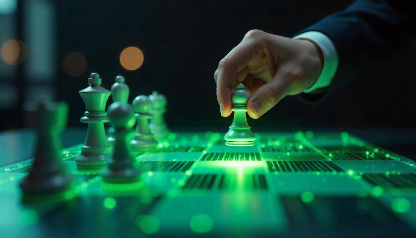Strategic workforce planning symbolized by a hand moving a glowing green chess piece on a futuristic, digital chessboard.